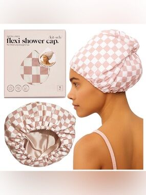 Kitsch Satin-Lined Flexi Shower Cap in Pink and White Check